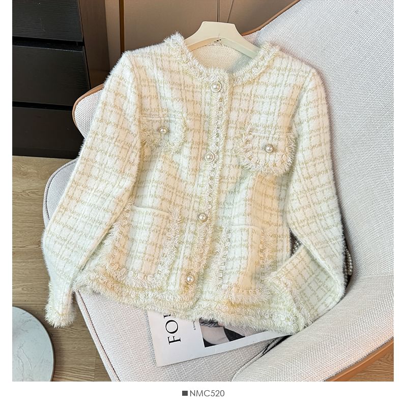 Pearl-Button Crew-Neck Tweed Jacket