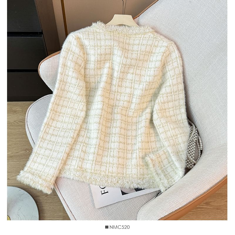 Pearl-Button Crew-Neck Tweed Jacket