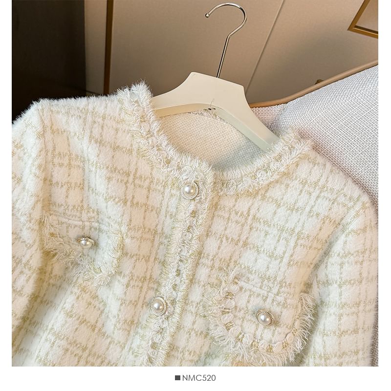 Pearl-Button Crew-Neck Tweed Jacket