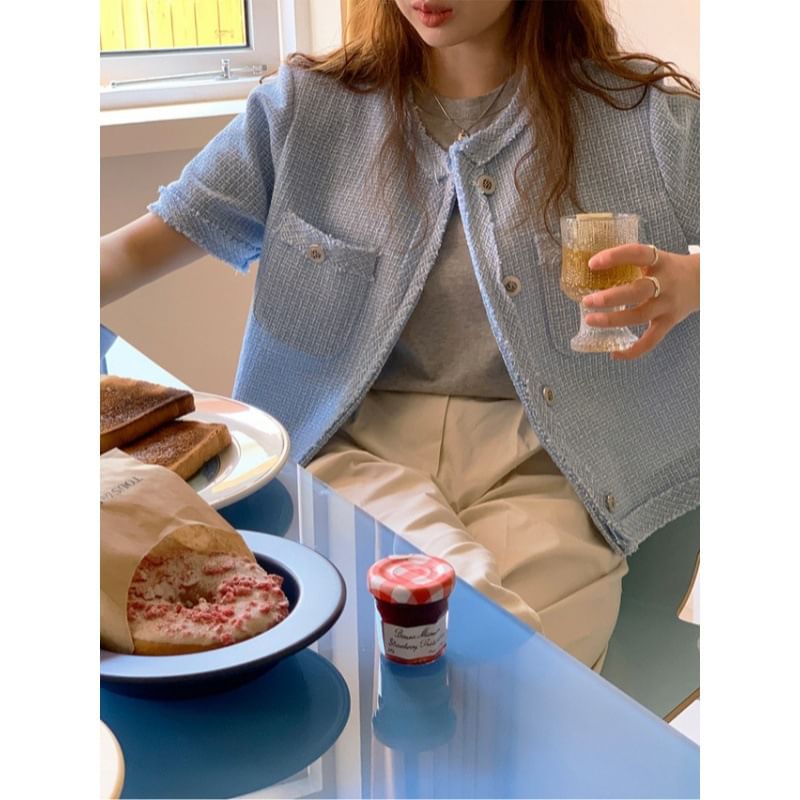 Short-Sleeve Crew Neck Plain Button-Up Tweed Jacket