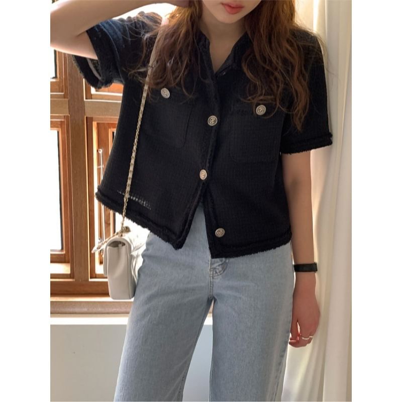 Short-Sleeve Crew Neck Plain Button-Up Tweed Jacket