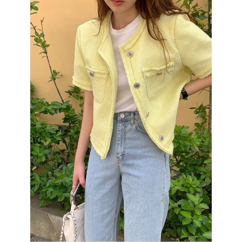 Short-Sleeve Crew Neck Plain Button-Up Tweed Jacket