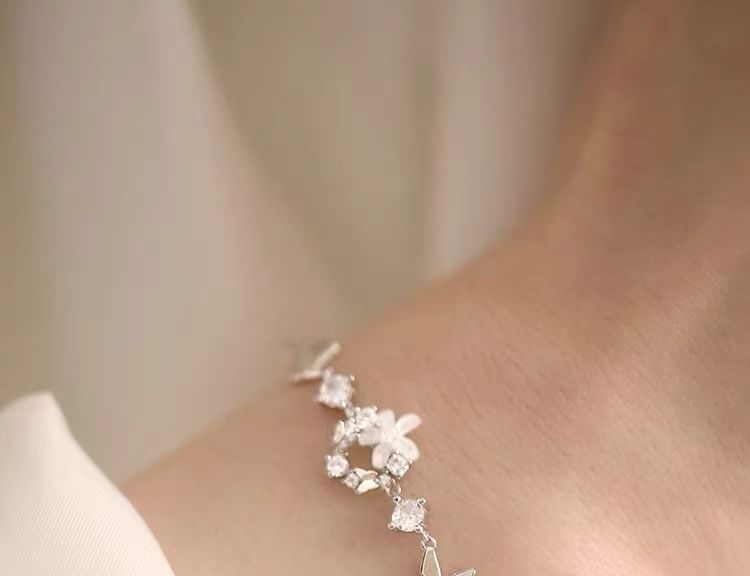 Sterling Silver Rhinestone Floral Bracelet