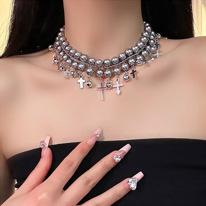 Cross Faux Pearl Choker / Layered Faux Pearl Choker