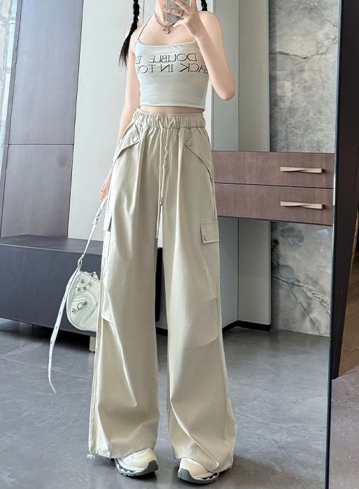 High Waist Pocketed Drawstring Wide Leg Parachute Cargo Sweatpants