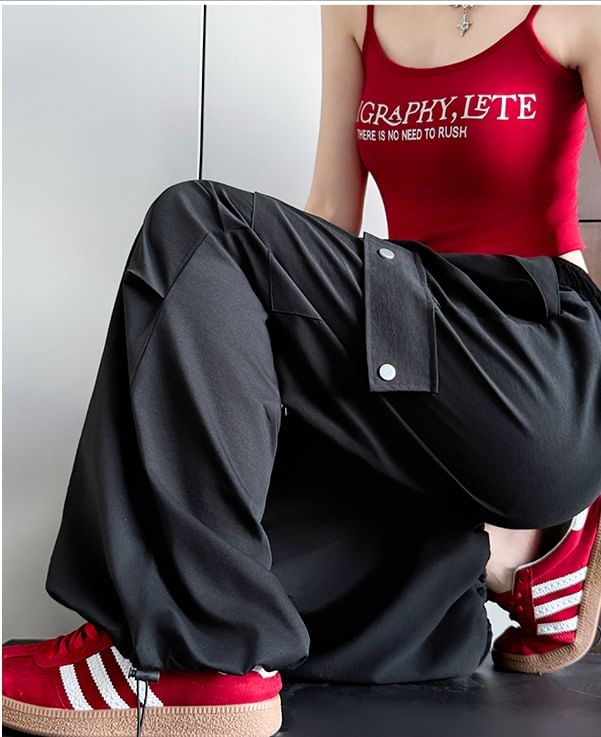 High Waist Pocketed Drawstring Wide Leg Parachute Cargo Sweatpants