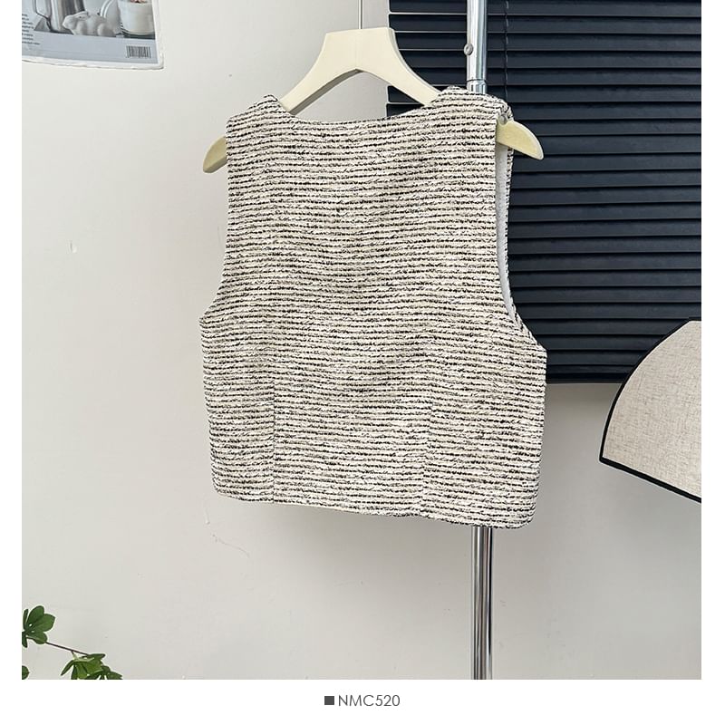 Button-Up Tweed Vest Jacket