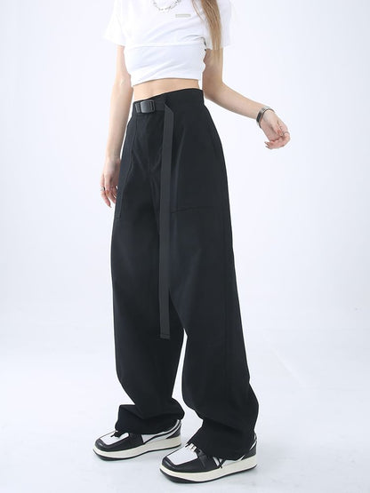 High Rise Buckle Accent Plain Straight-Fit Wide-Leg Cargo Pants