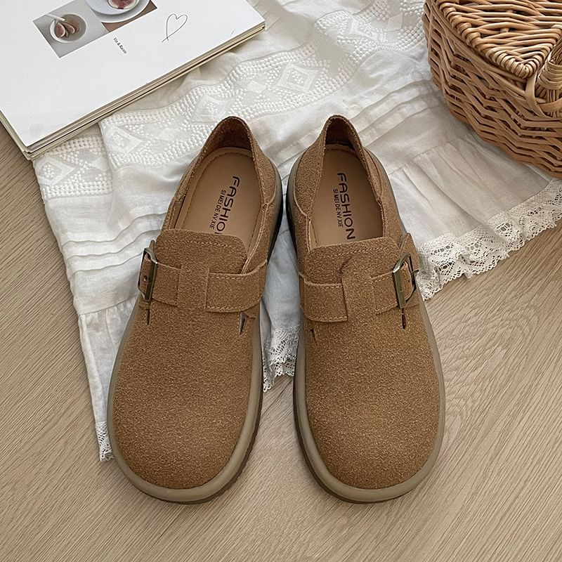 Platform Buckled Faux Suede Slip Ons