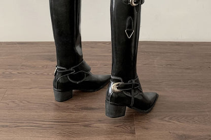 Pointed Toe Buckled Panel Knee High Boots