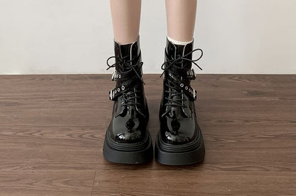 Platform Buckled Patent Leather Lace Up Short Boots