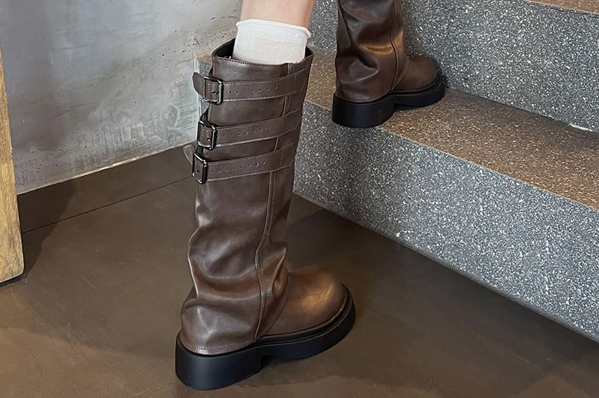 Platform Buckled Panel Knee High Boots