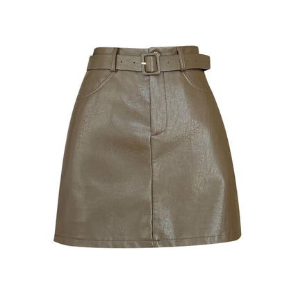 Set: High Rise Plain Faux Leather Mini A-Line Skirt + Belt