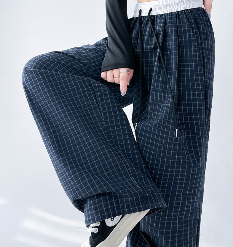 Plaid Panel High Waist Drawstring Wide Leg Pants