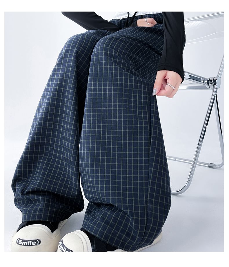 Plaid Panel High Waist Drawstring Wide Leg Pants