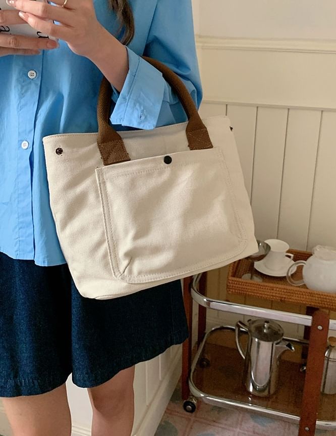 Contrast Bag Strap Tote Canvas