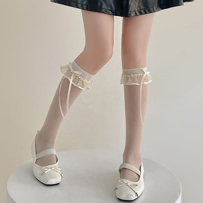 Bow Ruffle Trim Sheer Knee High Socks