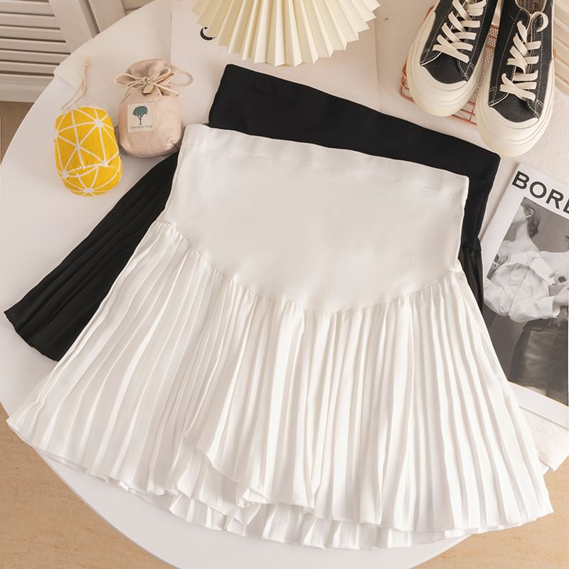 Maternity High Waist Pleated Mini Flared Skirt