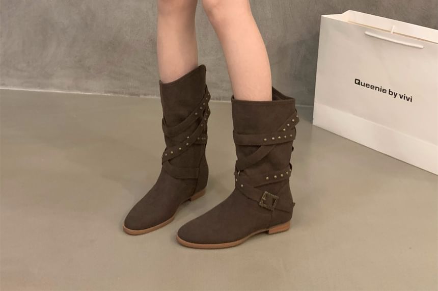 Plain Buckled Mid-Calf Boots