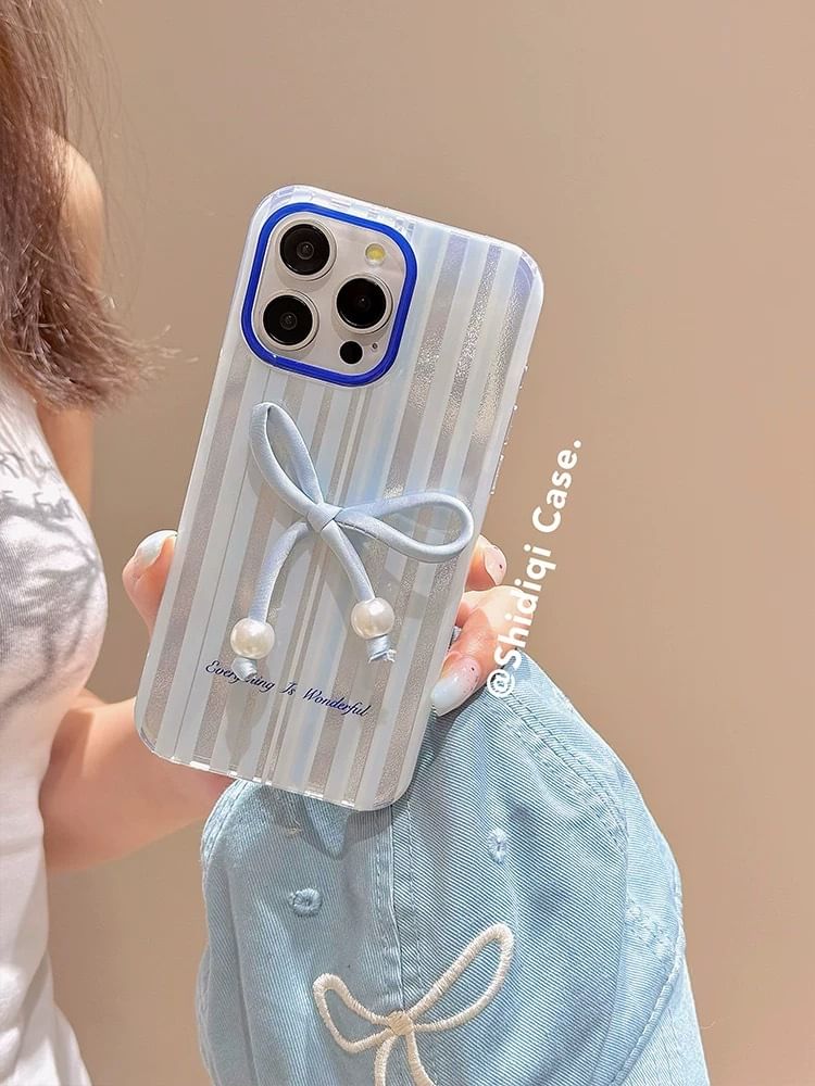 Faux Pearl Phone / Bow Case Set Adhesive Decoration Striped
