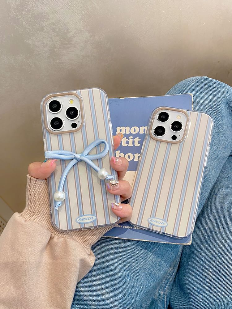 / Phone Case Bow Set Pearl Faux Striped Adhesive Decoration