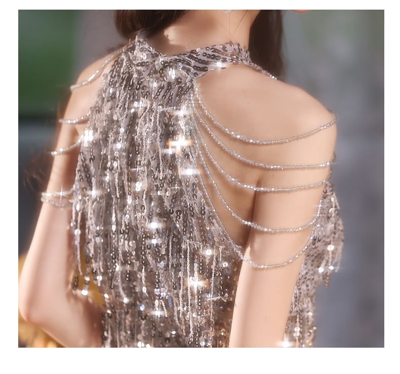 Halter Fringed Sequin Sheath Cocktail Dress