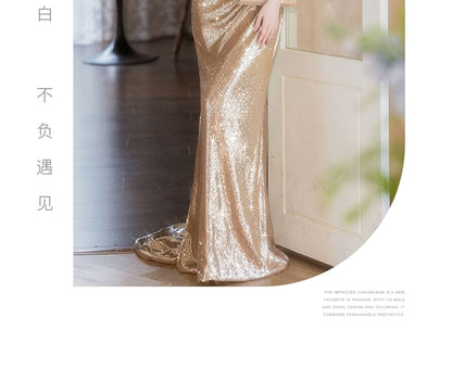 Cap-Sleeve Off-Shoulder Sequin Sheath Evening Gown