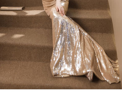 Cap-Sleeve Off-Shoulder Sequin Sheath Evening Gown