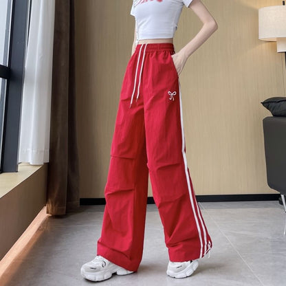 High Rise Bow Print Striped Loose-Fit Wide-Leg Sweatpants