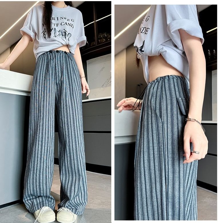 Stripe High Rise Drawstring Wide Leg Pants