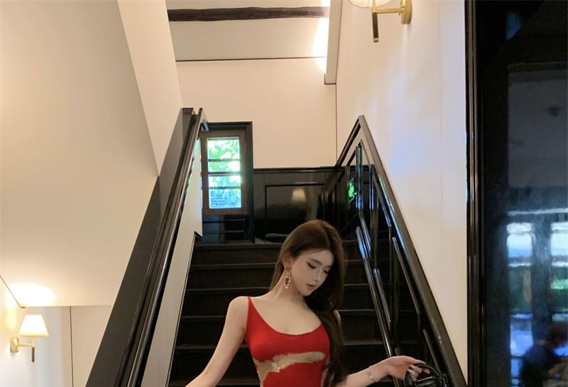 Sleeveless Back Open Patterned Maxi Dress Neck Bodycon Scoop