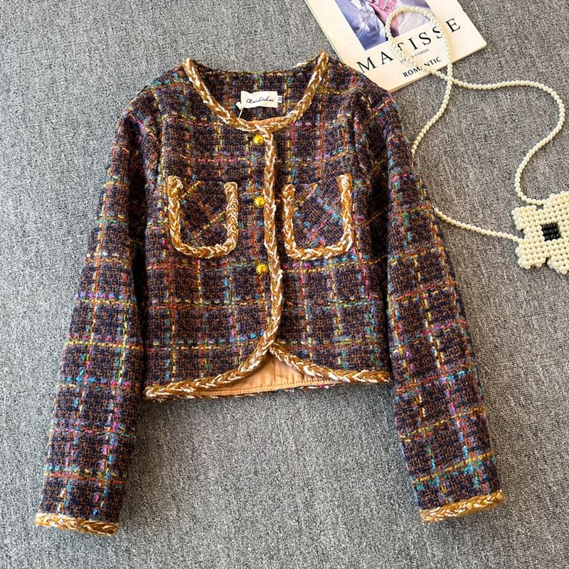 Crew Neck Plaid Button-Up Tweed Crop Jacket
