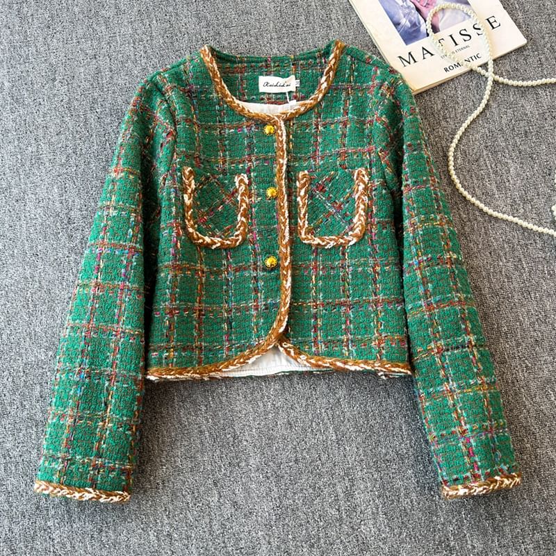 Crew Neck Plaid Button-Up Tweed Crop Jacket