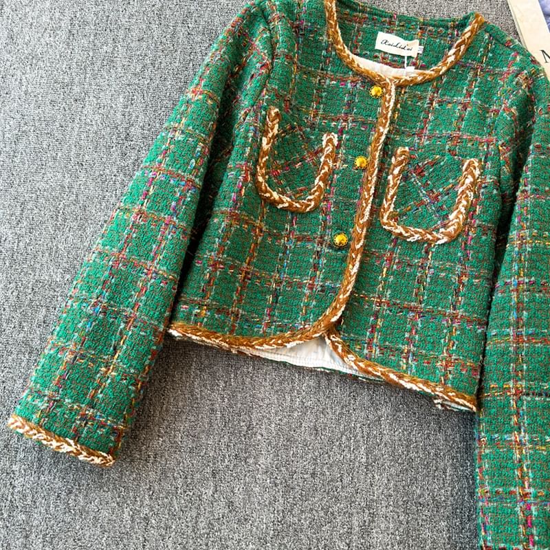 Crew Neck Plaid Button-Up Tweed Crop Jacket