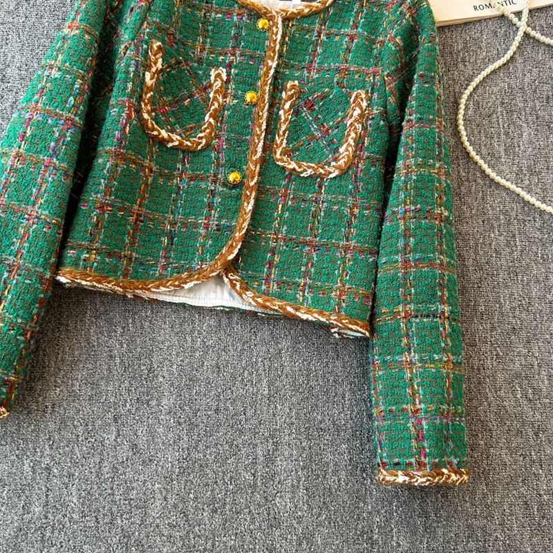 Crew Neck Plaid Button-Up Tweed Crop Jacket