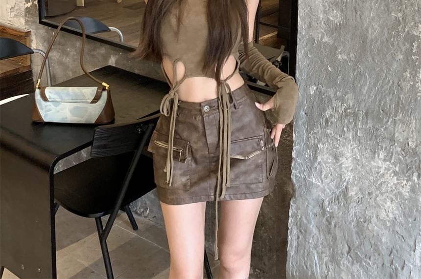 Hooded Cutout Crop Tank with Faux-Leather Cargo Pencil Skirt and Gloves Set