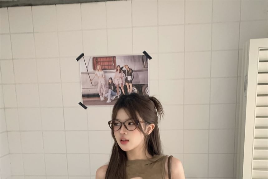 Hooded Cutout Crop Tank with Faux-Leather Cargo Pencil Skirt and Gloves Set