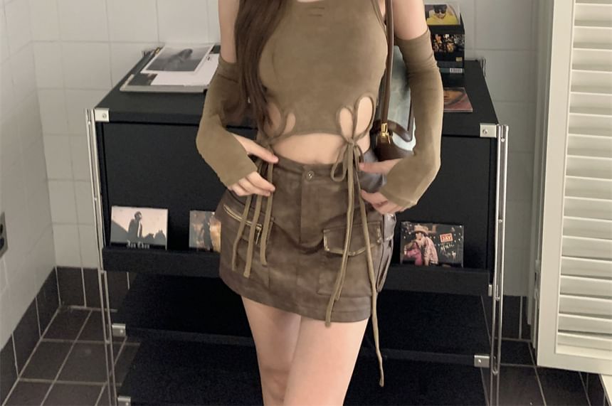 Hooded Cutout Crop Tank with Faux-Leather Cargo Pencil Skirt and Gloves Set