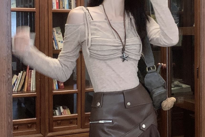 High-Rise Asymmetric Faux-Leather Ruffle Hem Mini Flare Skirt