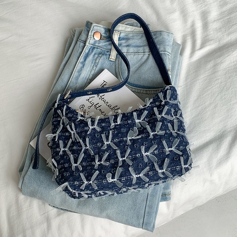 Perforated Washed Denim Bag Shoulder Bow