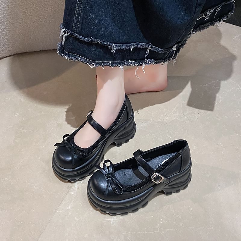 Mary Shoes Bow Leather Platform Jane Accent Faux