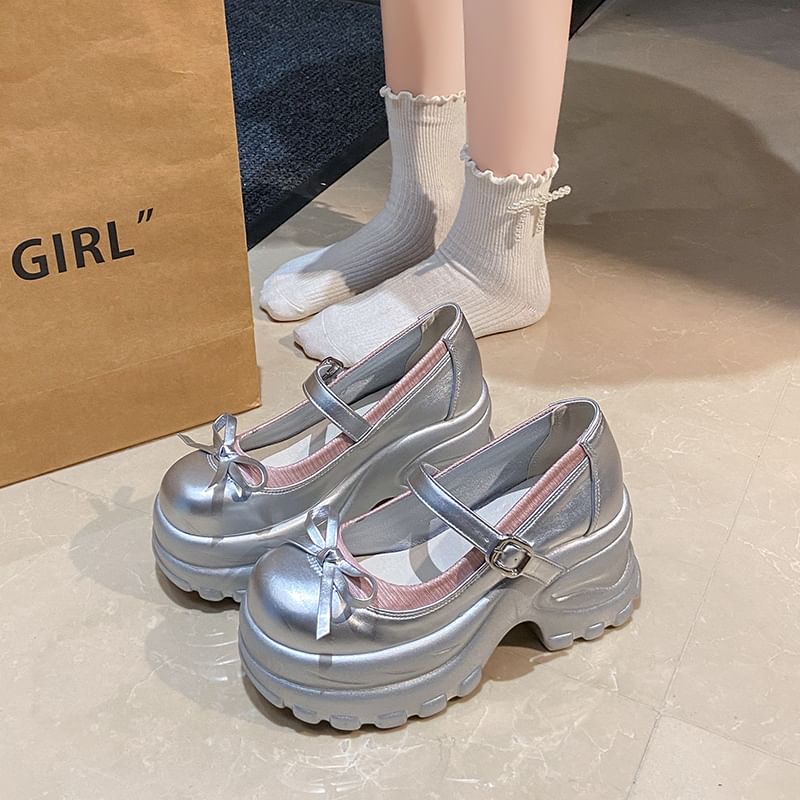 Mary Shoes Bow Leather Platform Jane Accent Faux