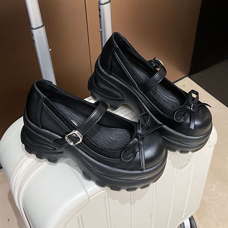 Mary Shoes Bow Leather Platform Jane Accent Faux