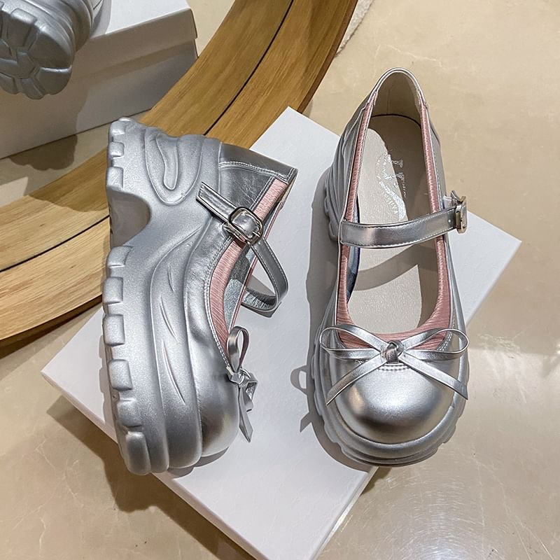 Mary Shoes Bow Leather Platform Jane Accent Faux