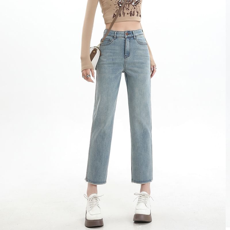 High Rise Washed Cropped Straight Leg Jeans