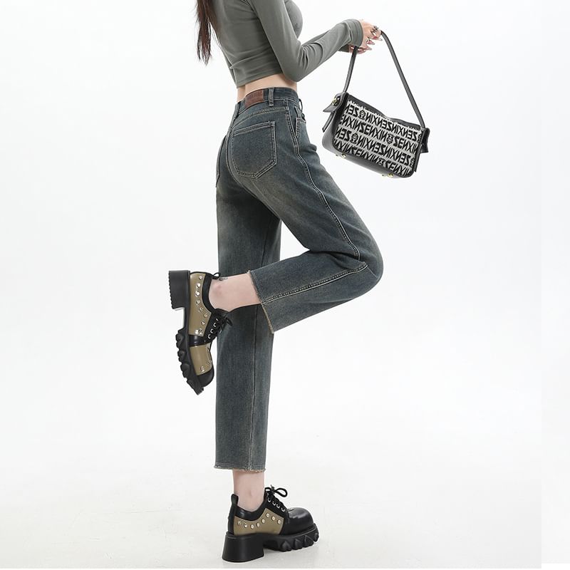 High Rise Washed Cropped Straight Leg Jeans