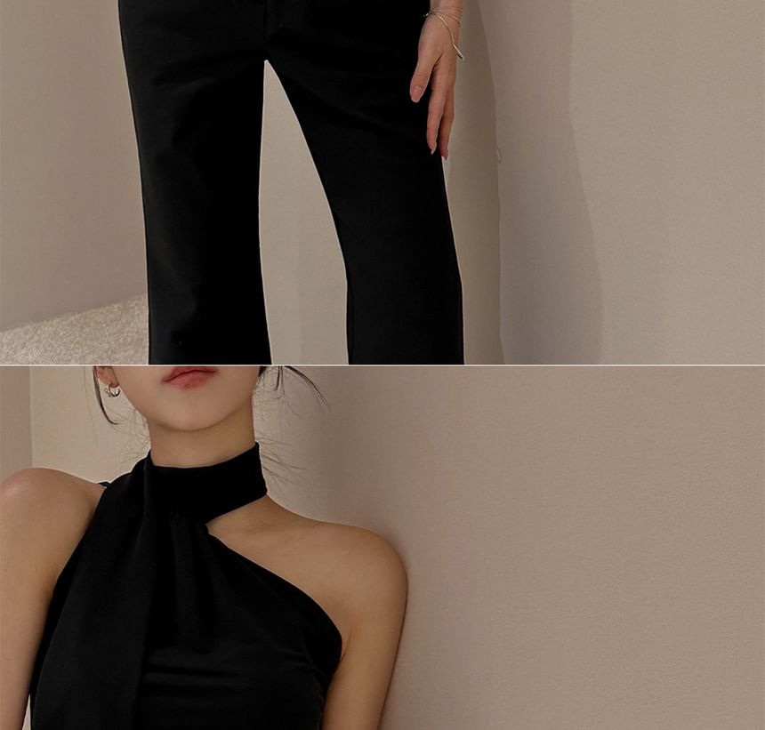 Halter Turtleneck Plain Asymmetrical Slim Fit Top