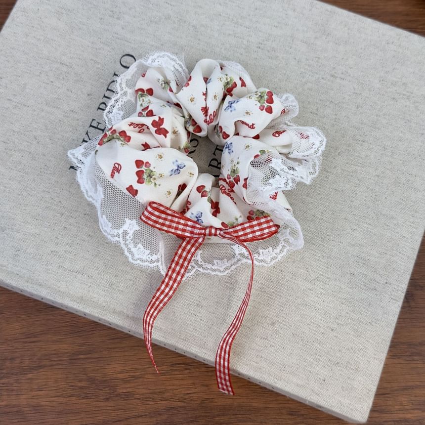 Floral Print Checked Bow Accent Scrunchie (Various Design)