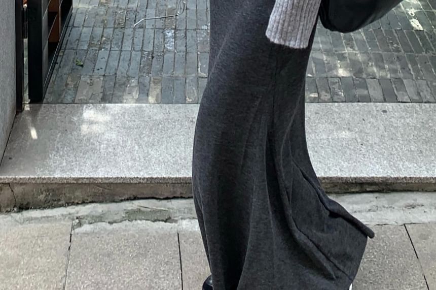 Long Sleeve V-Neck Ribbed Top Paired with Maxi Flared Skirt