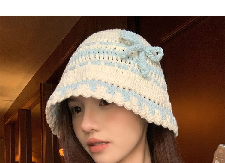 Bow Striped Knit Bonnet Hat